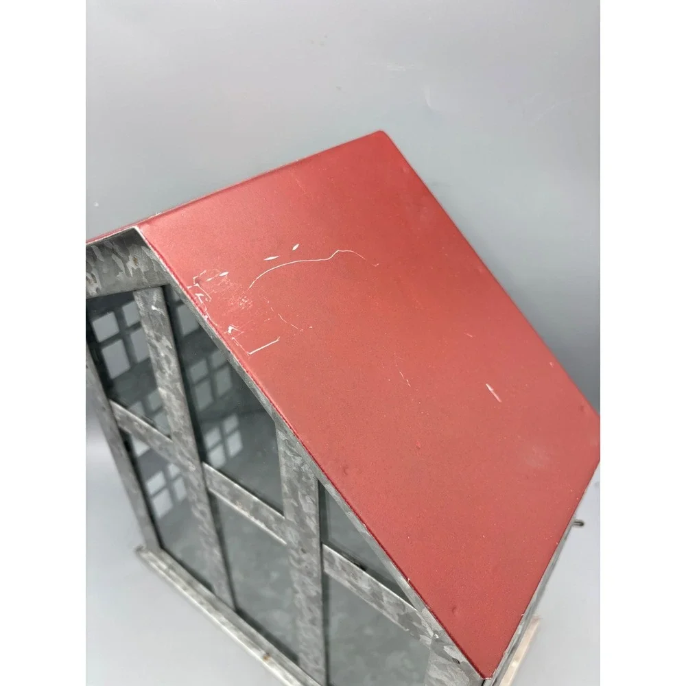 Galvanized Metal House Lantern Red Roof Decorative Accent‎